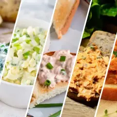 Różnorodne pasty na kanapki: kremowa z ziołami, jajeczna, łososiowa, pomidorowa i warzywna. Idealne na szybkie śniadanie lub przekąskę.