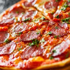 Pyszna pizza bez drożdży z pikantnym salami i posypką z ziół. Idealna na szybki obiad.