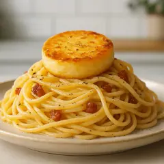 Pyszna carbonara z kawałkiem rumianego sera na wierzchu. Idealny ser do carbonary to podstawa tego dania.