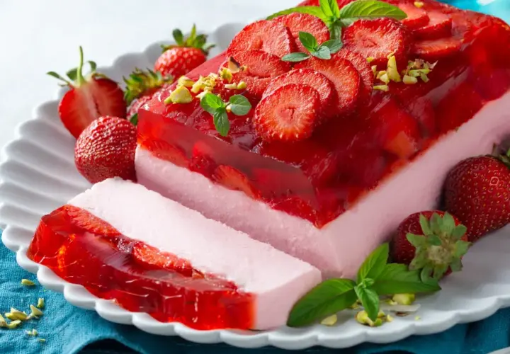 Pyszne ciasto bez pieczenia z truskawkami i galaretką, udekorowane miętą i pistacjami. Idealne na letnie popołudnie.