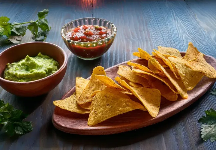 Chrupiące chipsy z tortilli, guacamole i salsa na drewnianej desce. Idealna przekąska na imprezę.