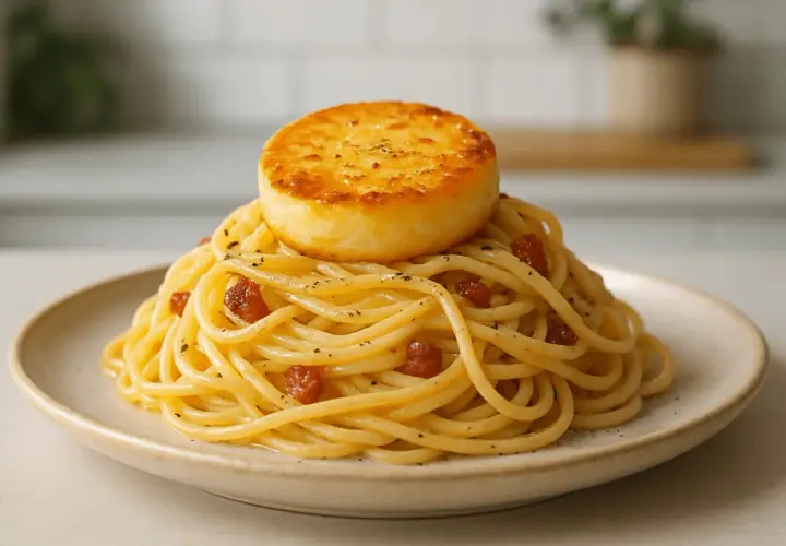 Pyszna carbonara z kawałkiem rumianego sera na wierzchu. Idealny ser do carbonary to podstawa tego dania.