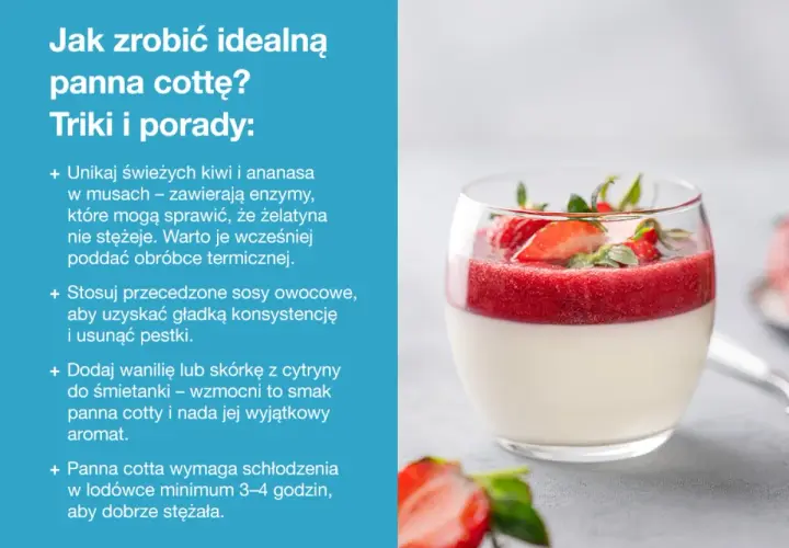 Idealna panna cotta z musem truskawkowym. Przepis na ten deser zawiera wskazówki, jak uzyskać idealną konsystencję i smak.