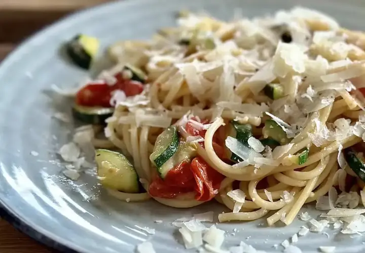 Pyszny makaron z pomidorkami koktajlowymi i cukinią, posypany parmezanem. Idealny letni posiłek.
