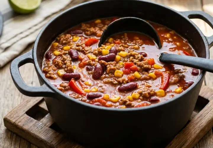 Gęste, aromatyczne chilli con carne w żeliwnym garnku, z fasolą, kukurydzą i papryką. Idealne na chłodne wieczory.