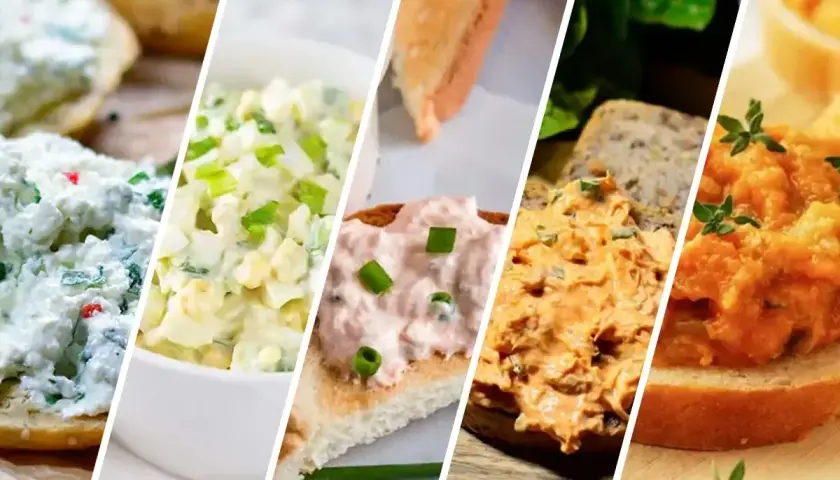 Różnorodne pasty na kanapki: kremowa z ziołami, jajeczna, łososiowa, pomidorowa i warzywna. Idealne na szybkie śniadanie lub przekąskę.