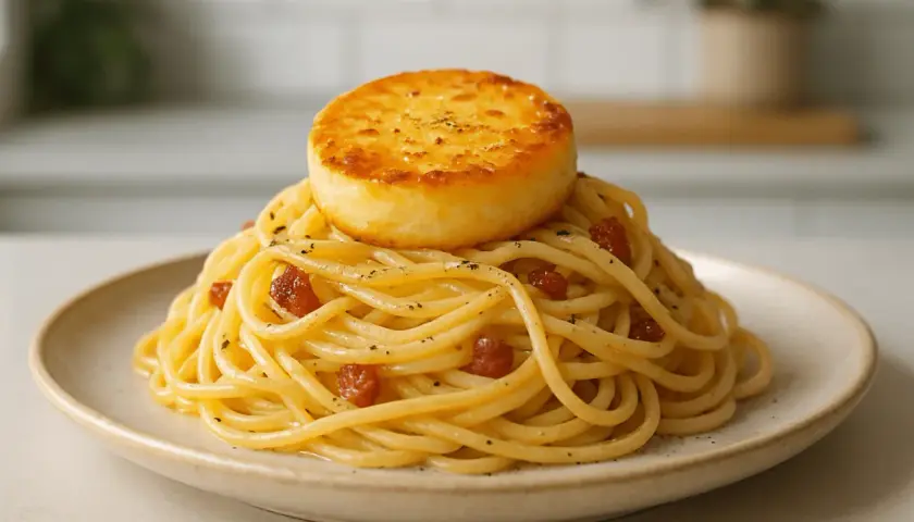 Pyszna carbonara z kawałkiem rumianego sera na wierzchu. Idealny ser do carbonary to podstawa tego dania.