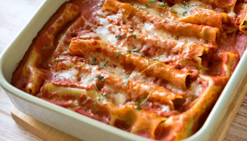 Pyszne cannelloni ze szpinakiem, zapieczone pod sosem pomidorowym i ciągnącym się serem. Idealne na rodzinny obiad.