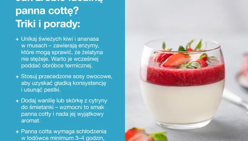 Idealna panna cotta z musem truskawkowym. Przepis na ten deser zawiera wskazówki, jak uzyskać idealną konsystencję i smak.
