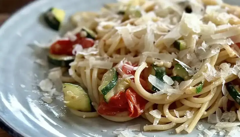 Pyszny makaron z pomidorkami koktajlowymi i cukinią, posypany parmezanem. Idealny letni posiłek.