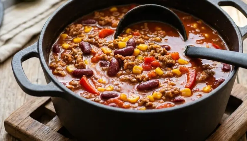 Gęste, aromatyczne chilli con carne w żeliwnym garnku, z fasolą, kukurydzą i papryką. Idealne na chłodne wieczory.