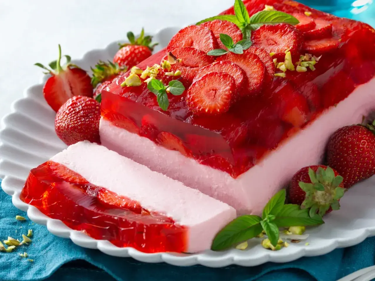 Pyszne ciasto bez pieczenia z truskawkami i galaretką, udekorowane miętą i pistacjami. Idealne na letnie popołudnie.