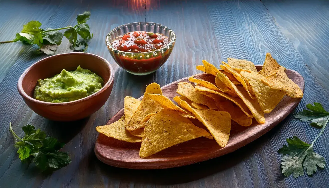 Chrupiące chipsy z tortilli, guacamole i salsa na drewnianej desce. Idealna przekąska na imprezę.