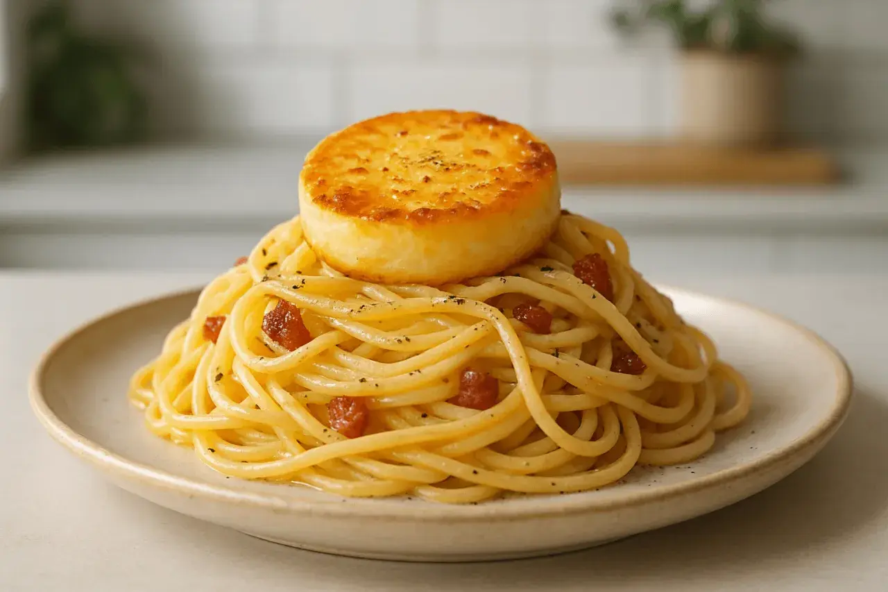 Pyszna carbonara z kawałkiem rumianego sera na wierzchu. Idealny ser do carbonary to podstawa tego dania.