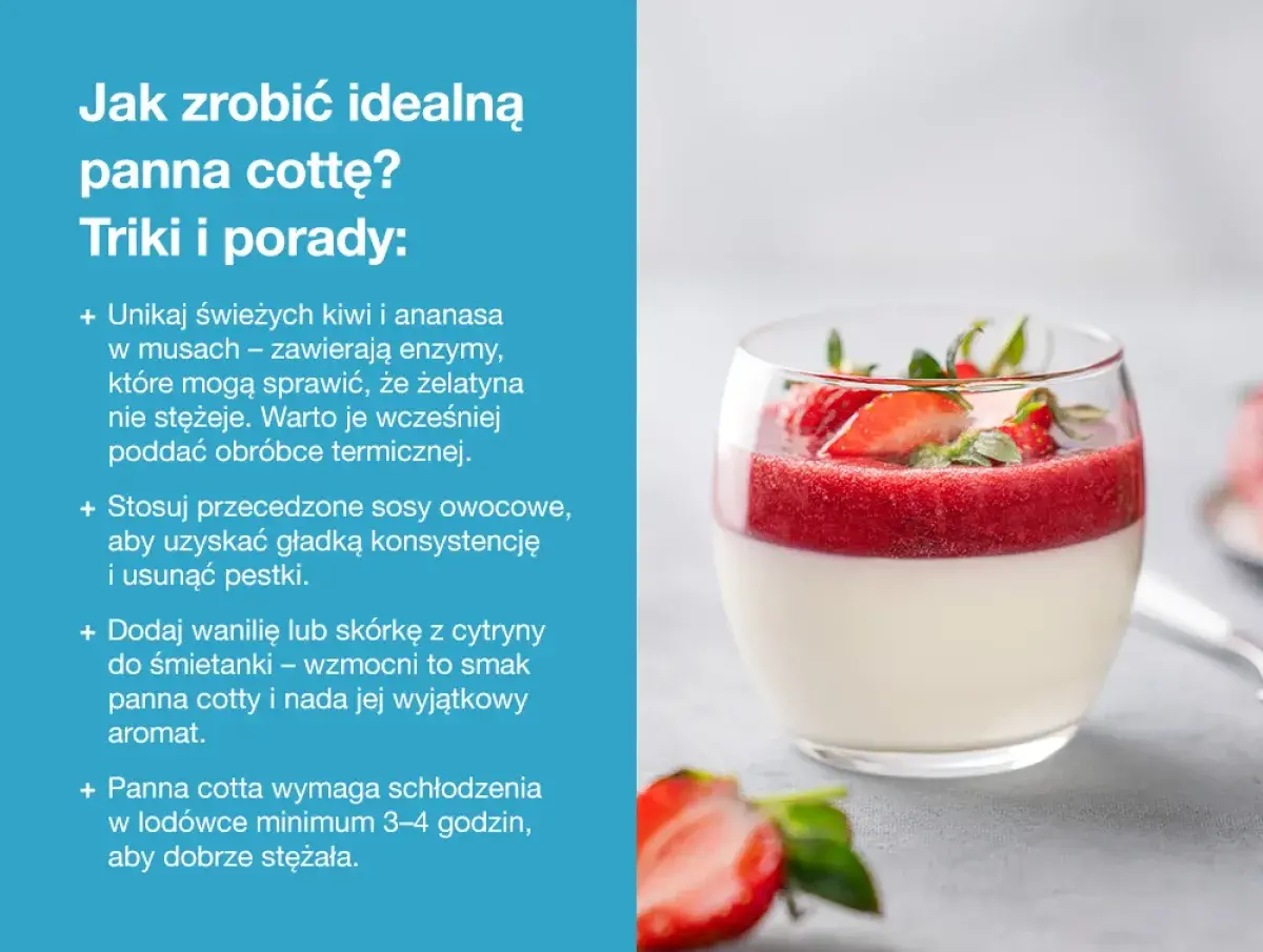 Idealna panna cotta z musem truskawkowym. Przepis na ten deser zawiera wskazówki, jak uzyskać idealną konsystencję i smak.