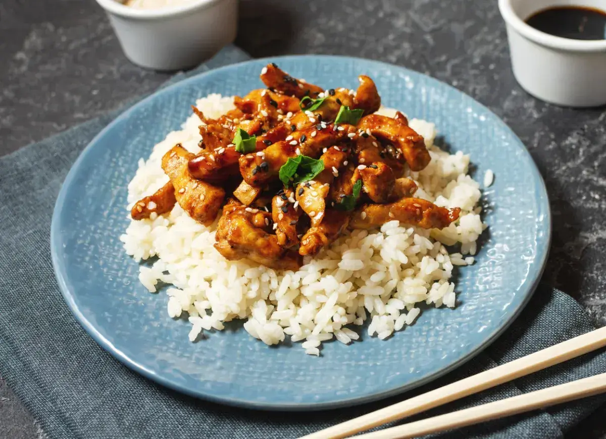 Pyszny kurczak w sosie teriyaki, podany na białym ryżu, posypany sezamem i szczypiorkiem. Idealny posiłek na szybki obiad.