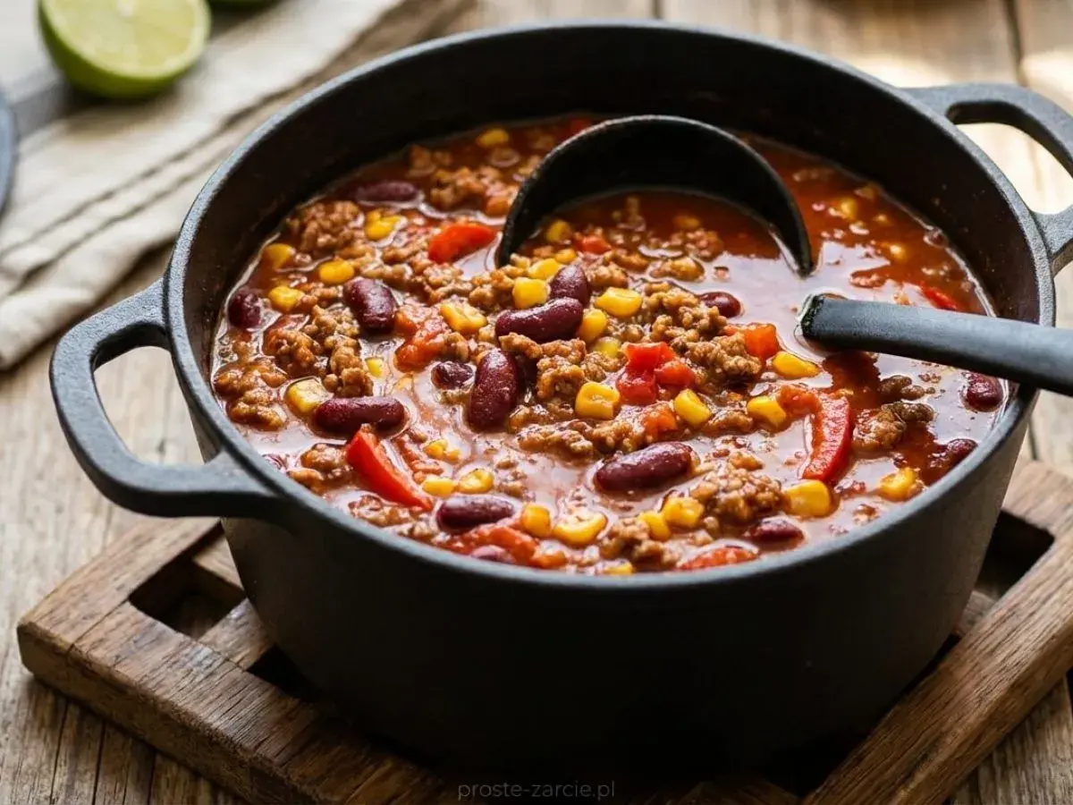 Gęste, aromatyczne chilli con carne w żeliwnym garnku, z fasolą, kukurydzą i papryką. Idealne na chłodne wieczory.