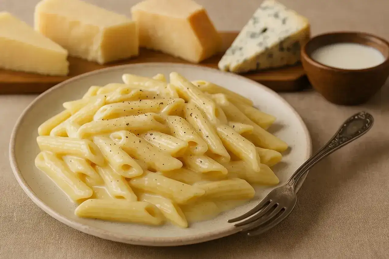 Penne w kremowym sosie serowym, idealne do przygotowania według przepisu na mac and cheese. Na talerzu obok kawałki parmezanu i sera pleśniowego.