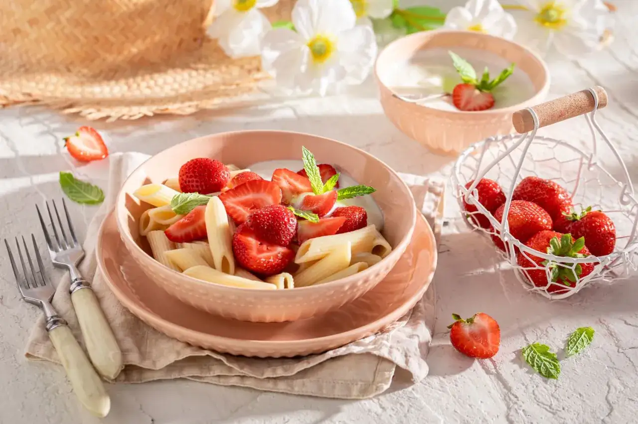 Penne z jogurtem i świeżymi truskawkami, ozdobione listkami mięty. Letnia uczta, gdzie makaron z truskawkami tworzy niezwykłe połączenie smak&oacute;w.