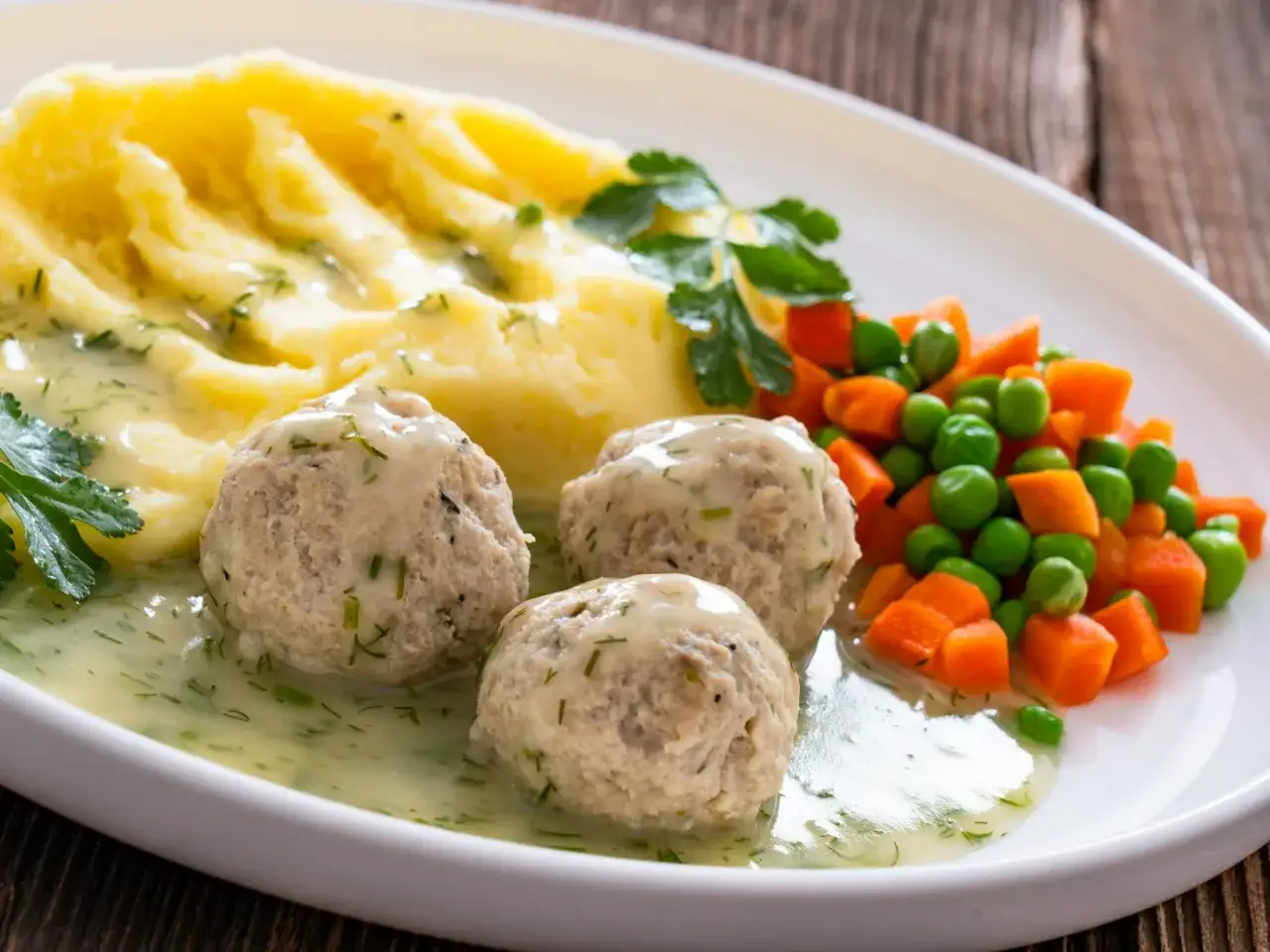 Pyszne pulpety w sosie koperkowym, podane z kremowym puree ziemniaczanym i kolorową mieszanką warzyw.