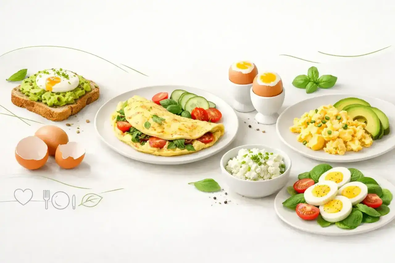 Pyszne jajka na miękko, omlet, jajecznica i jajko w koszulce na grzance z awokado. Zdrowe śniadanie pełne białka.